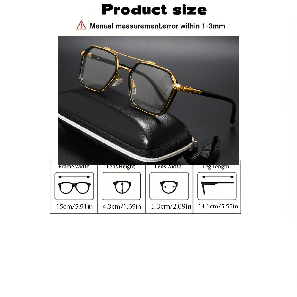 Product size and dimensions chart for square aviator-style eyeglasses, showing a pair of gold-framed glasses on a black case above a measurement table with frame width, lens height, lens width, and leg length.