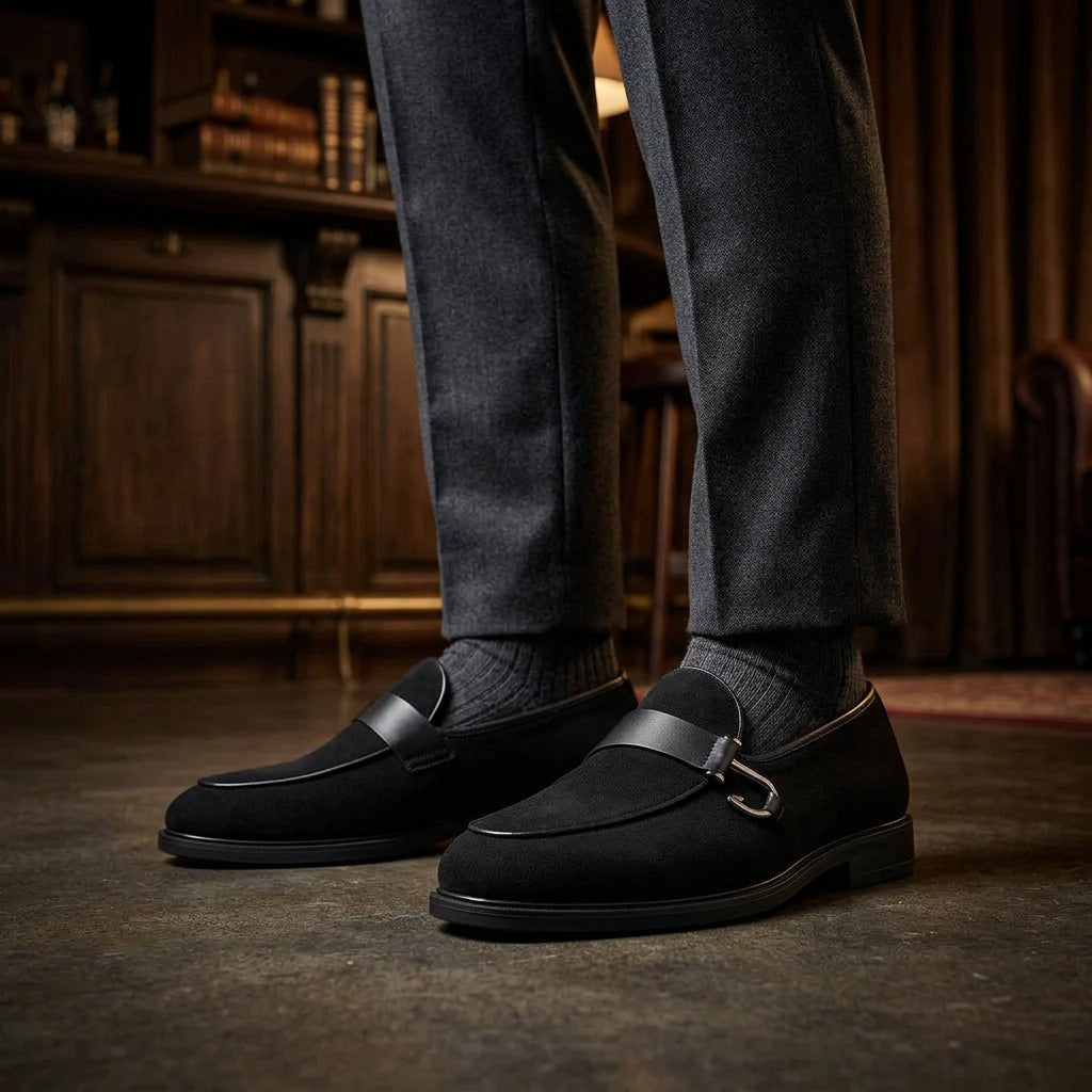 A pair of black Camel loafers with a decorative strap and silver buckle, displayed in front of their brown cardboard packaging box on a dark surface against a white brick wall background.