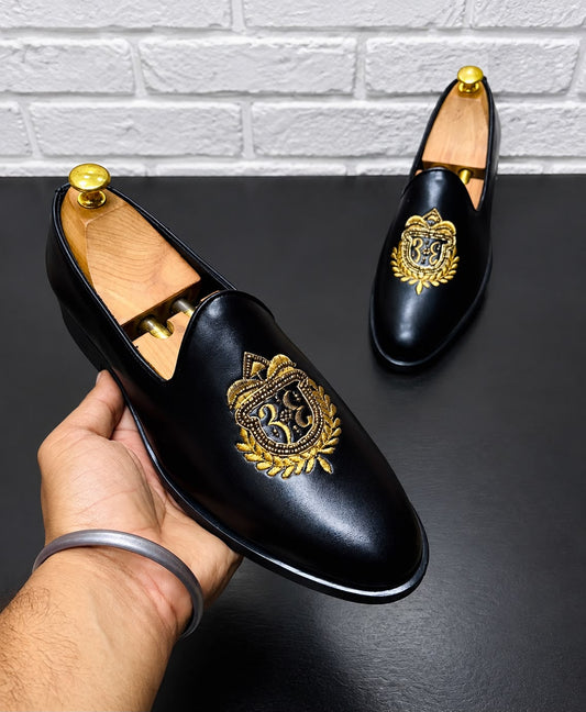 Rocco Bellano Men's Black Gold Crest Loafers Slip on