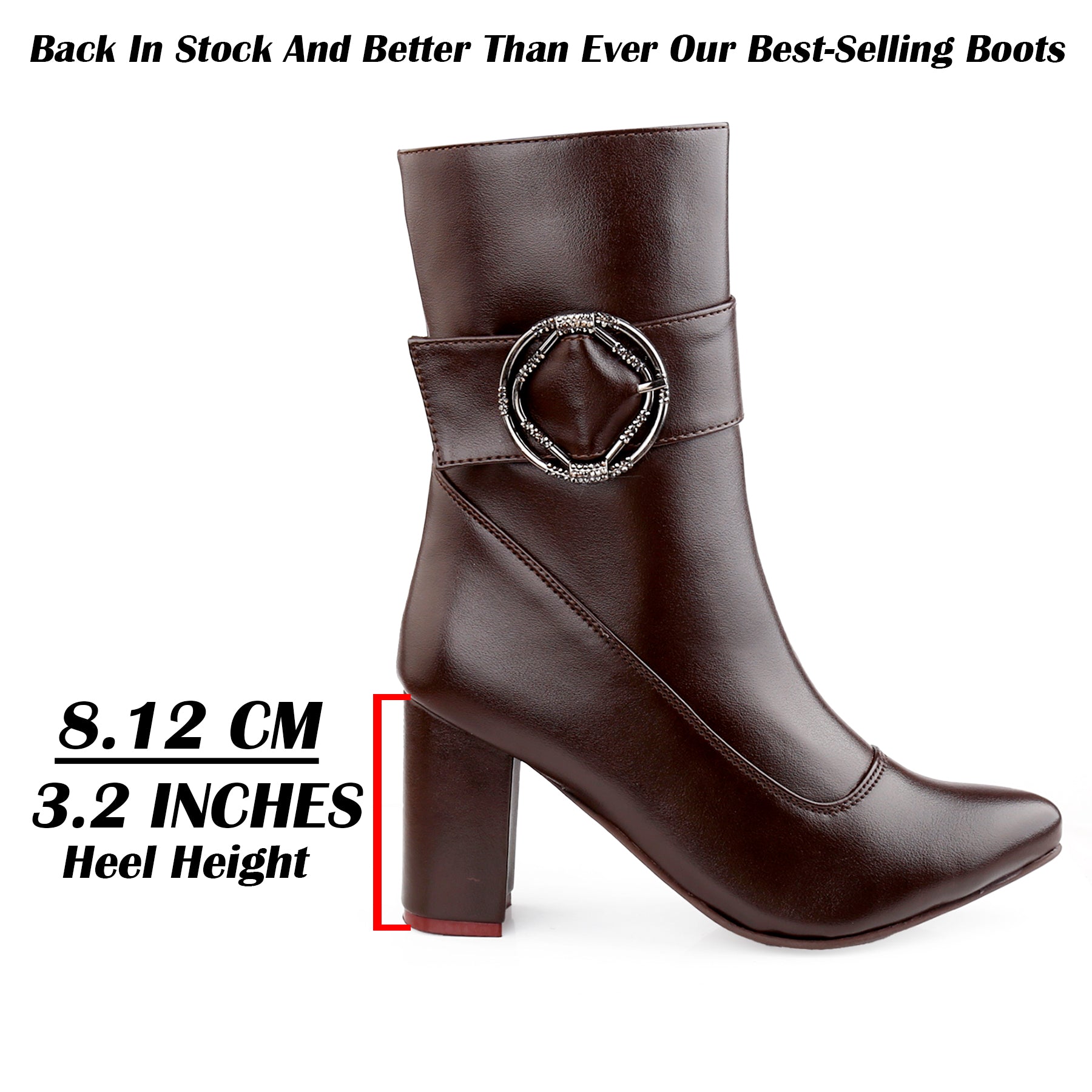 A dark brown faux-leather ankle boot with a block heel and a decorative silver-tone buckle with rhinestones on the side. The image features text overlays indicating the heel height is 8.