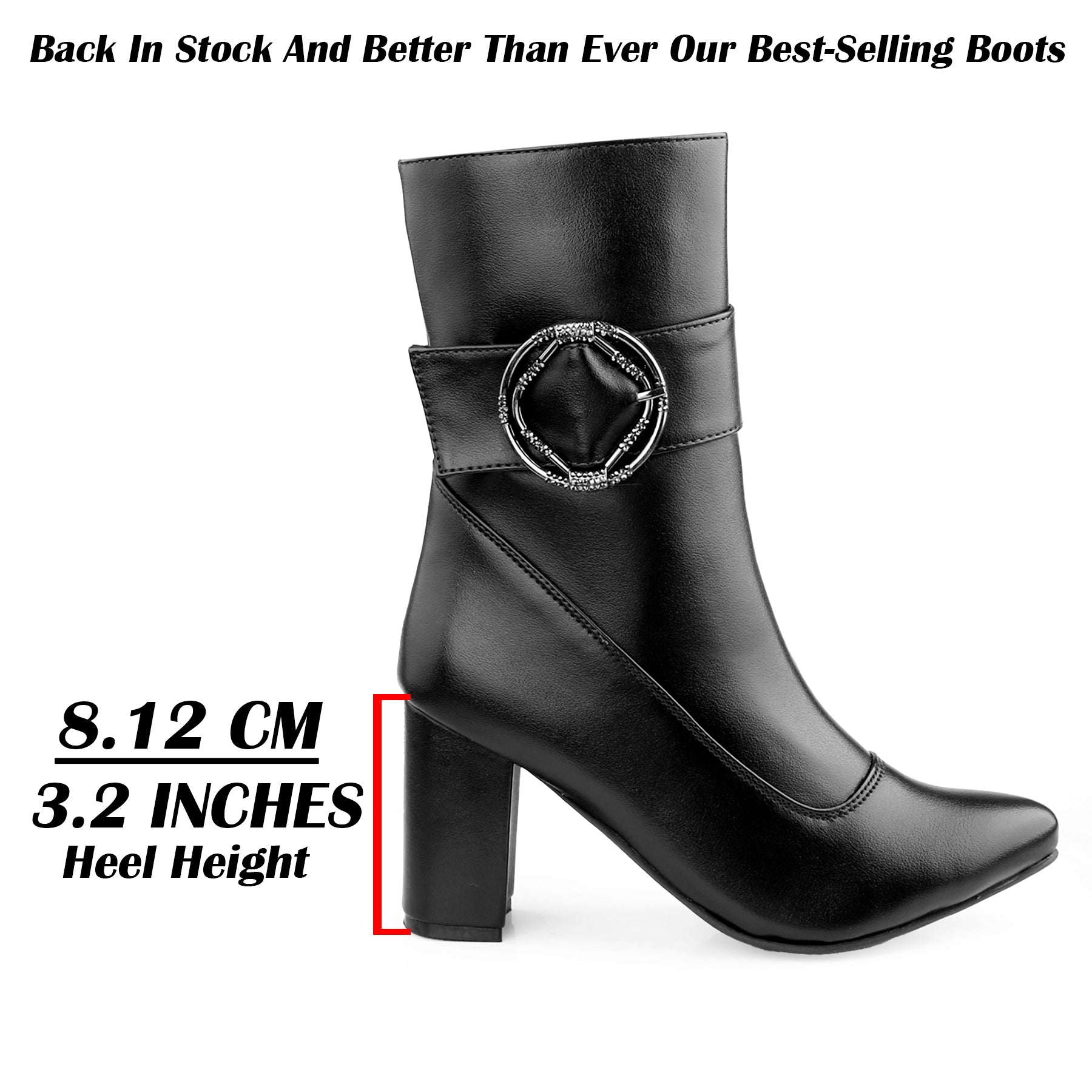 Black faux-leather ankle boot with a pointed toe, block heel, and a decorative silver-tone buckle strap, shown on a white background with text indicating heel height.
