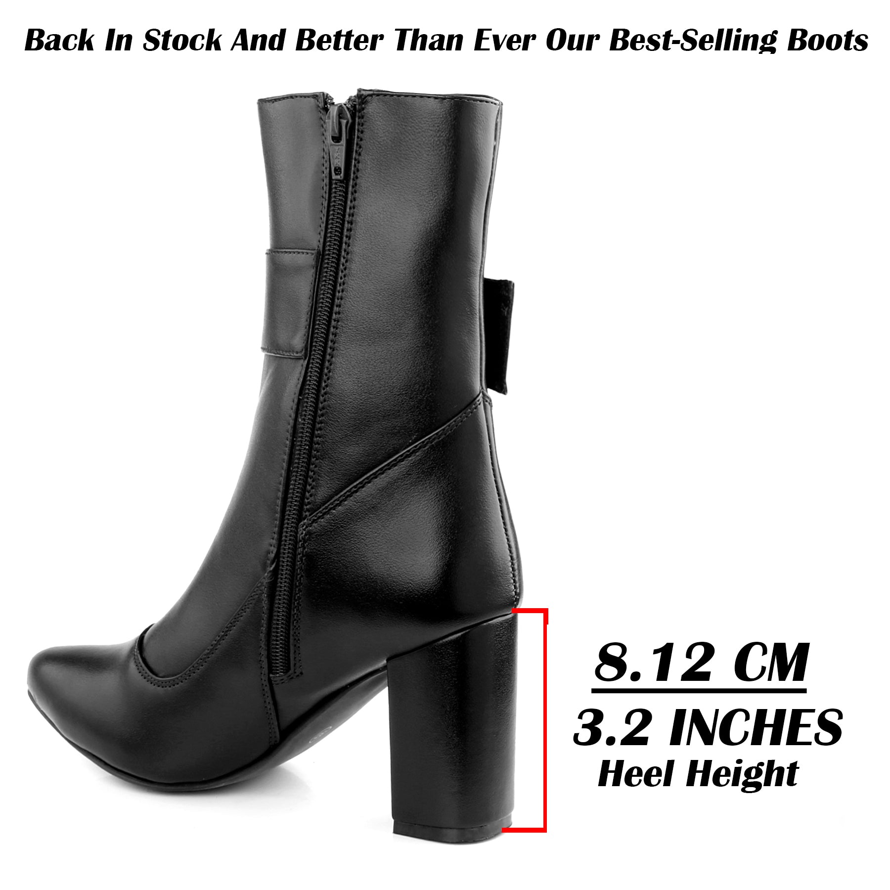 Black leather ankle boot with a side zipper, pointed toe, and block heel, shown on a white background with text indicating heel height of 8.12 cm (3.