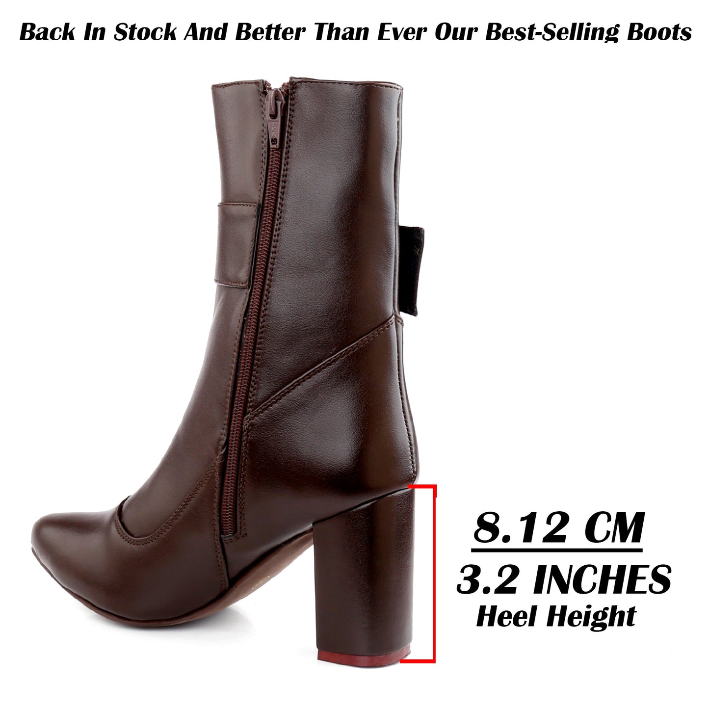 A dark brown leather ankle boot with a side zipper and block heel, shown on a white background with text indicating heel height of 8.12 cm (3.
