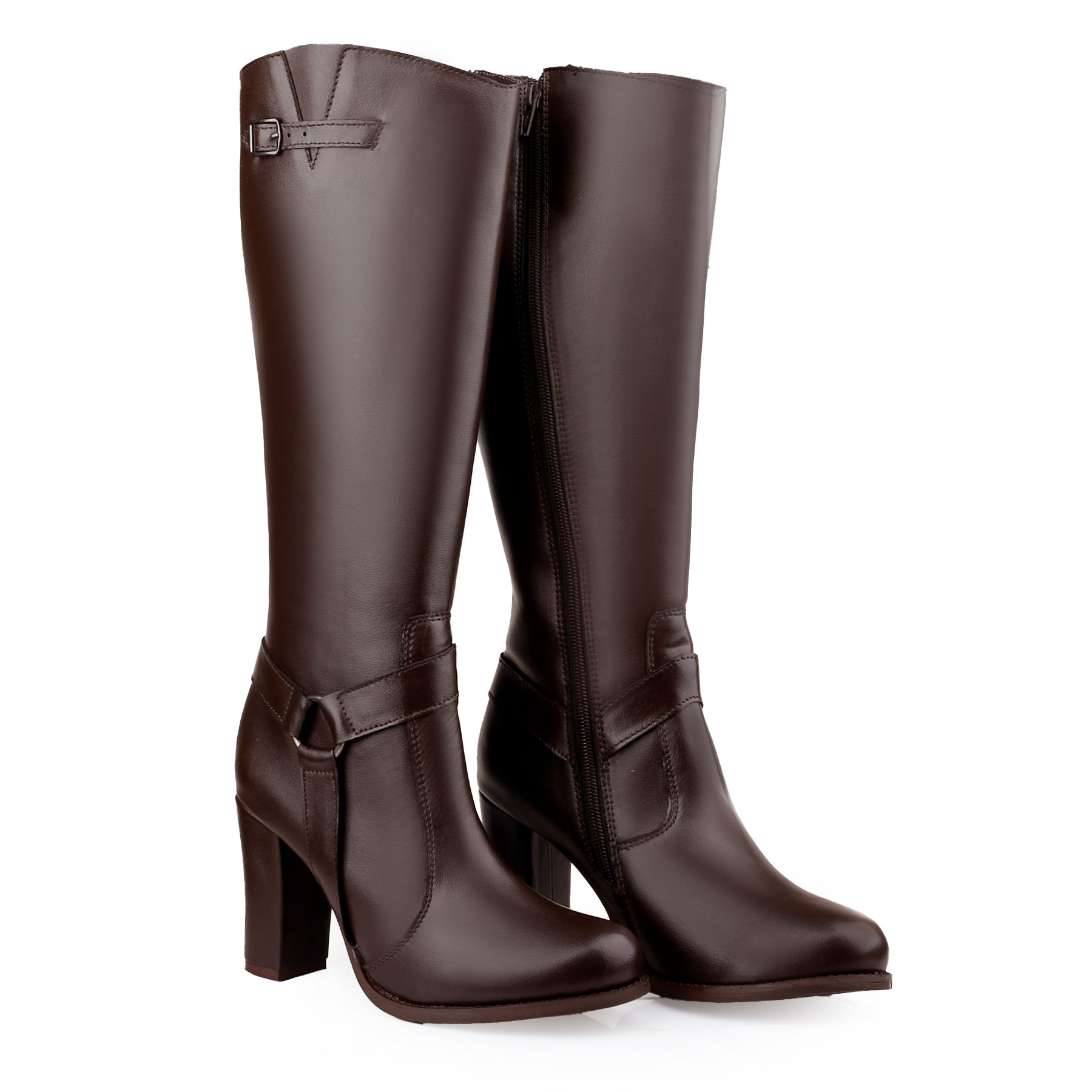 A pair of dark brown leather knee-high riding boots with block heels, side zippers, and decorative buckle straps, shown against a plain white background.