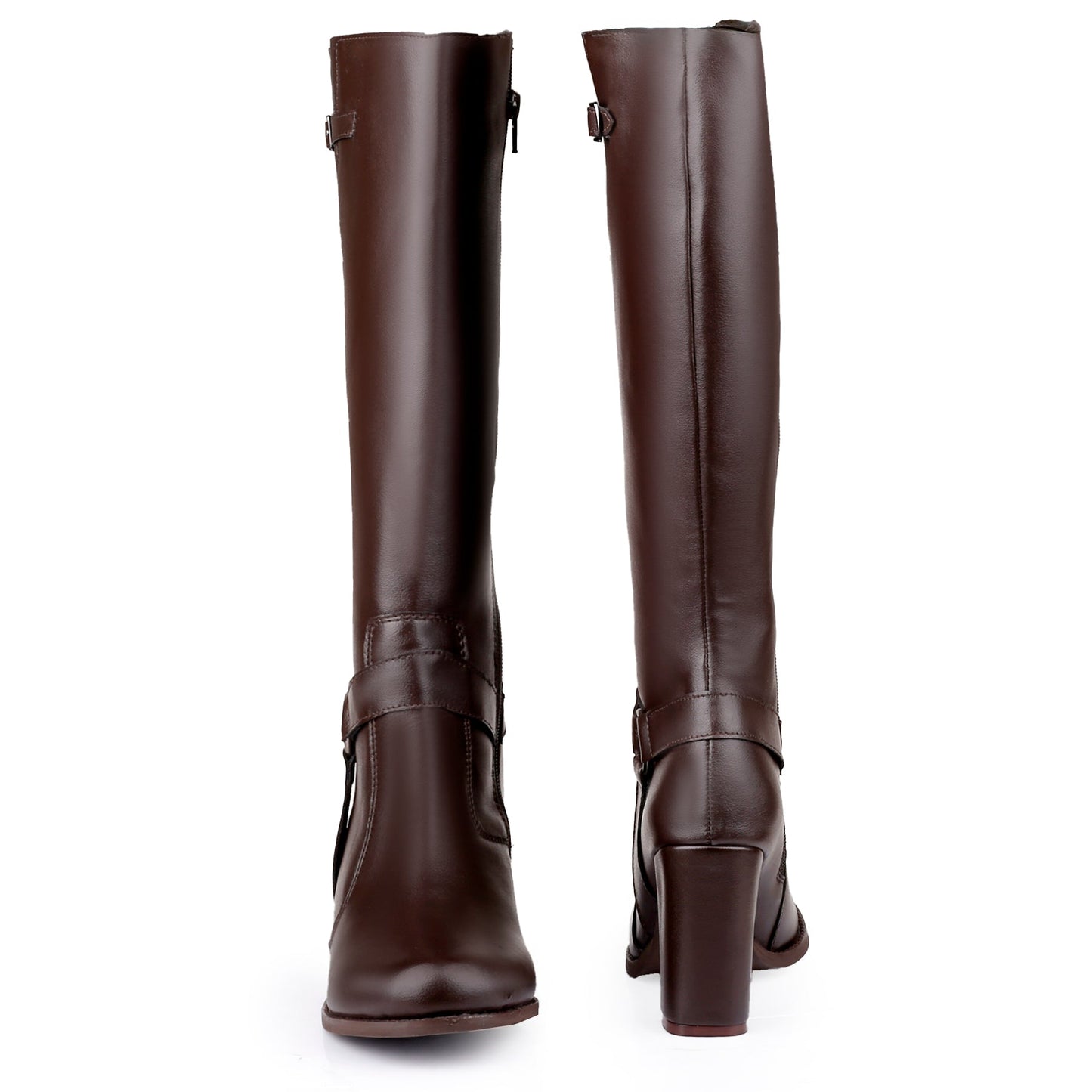 A pair of dark brown knee-high leather boots shown from the front and back against a plain white background.