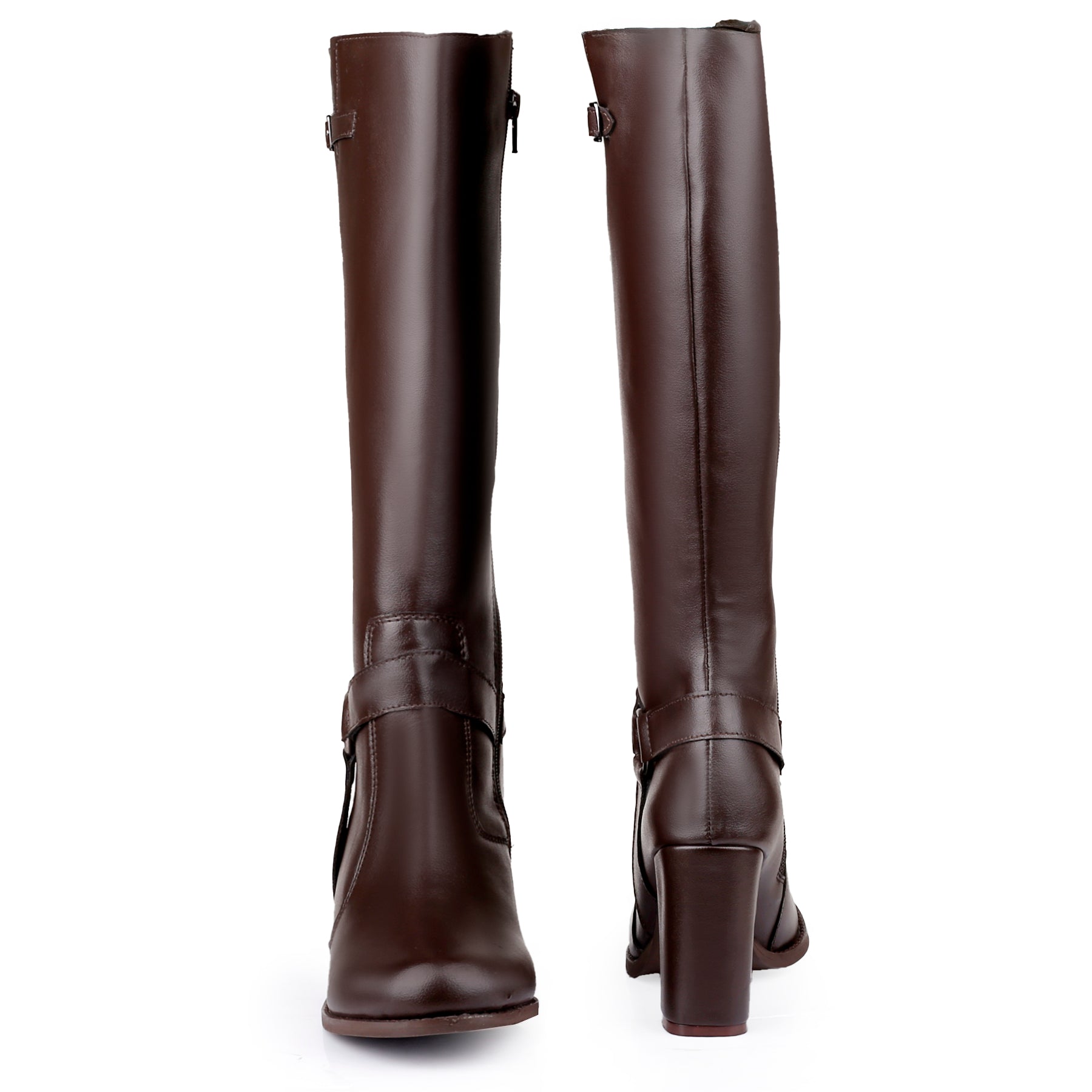 A pair of dark brown knee-high leather boots shown from the front and back against a plain white background.