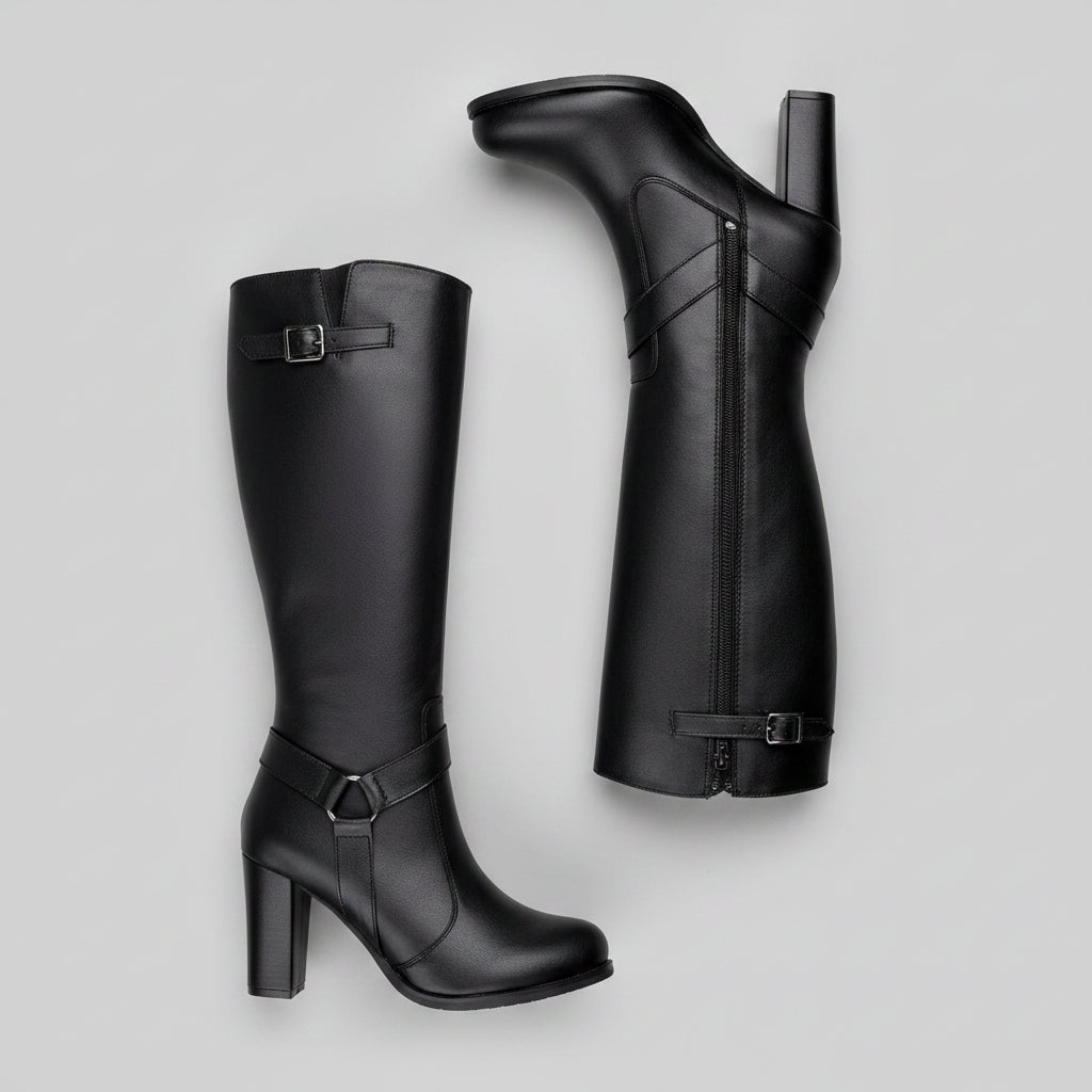 A pair of black knee-high leather boots with block heels, displayed on a light wood grain background. One boot is shown from the side, highlighting the side zipper, while the other is shown from the front, displaying the buckle strap detail.