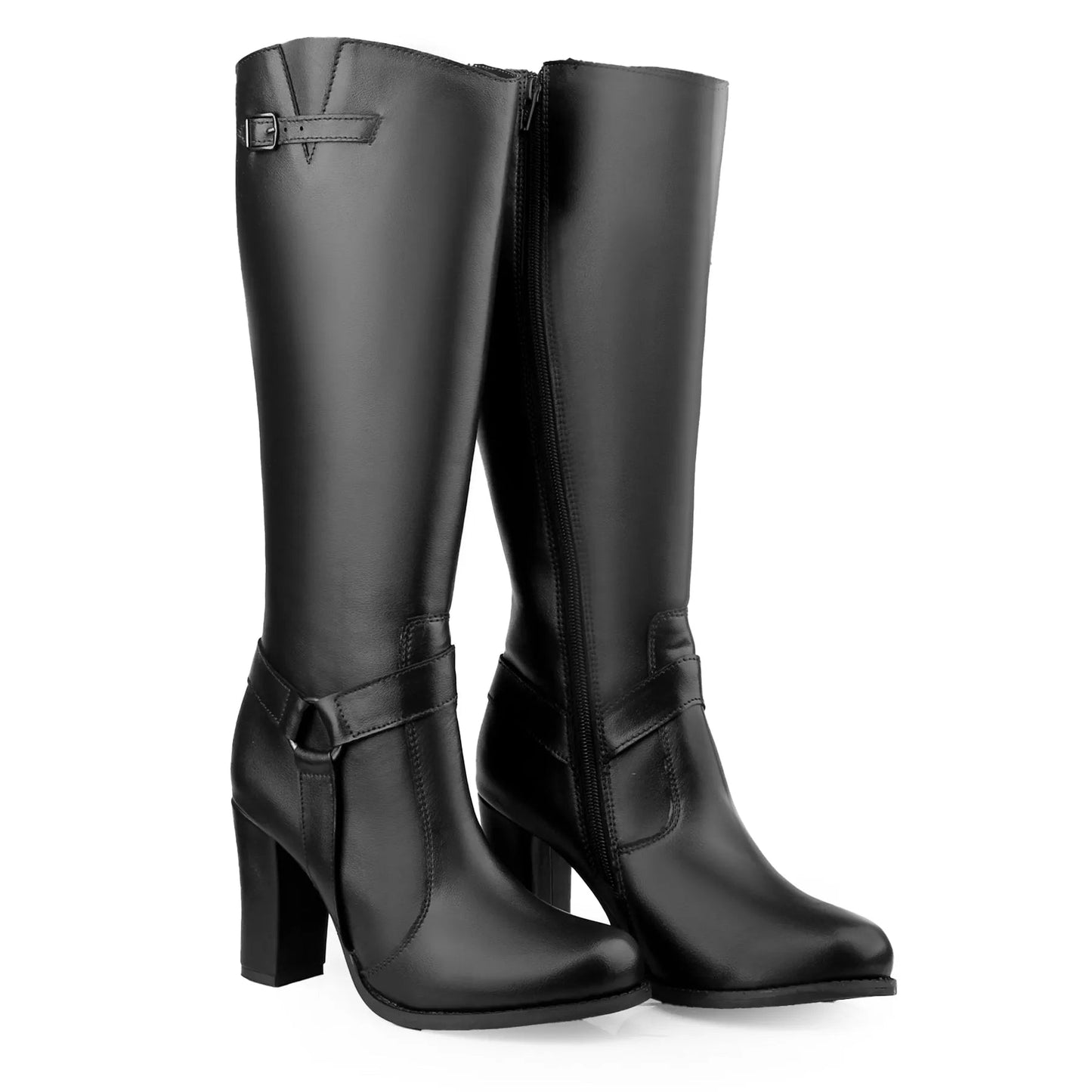 A pair of black knee-high leather boots with a block heel, side zipper, and ankle strap buckle, shown against a plain white background.