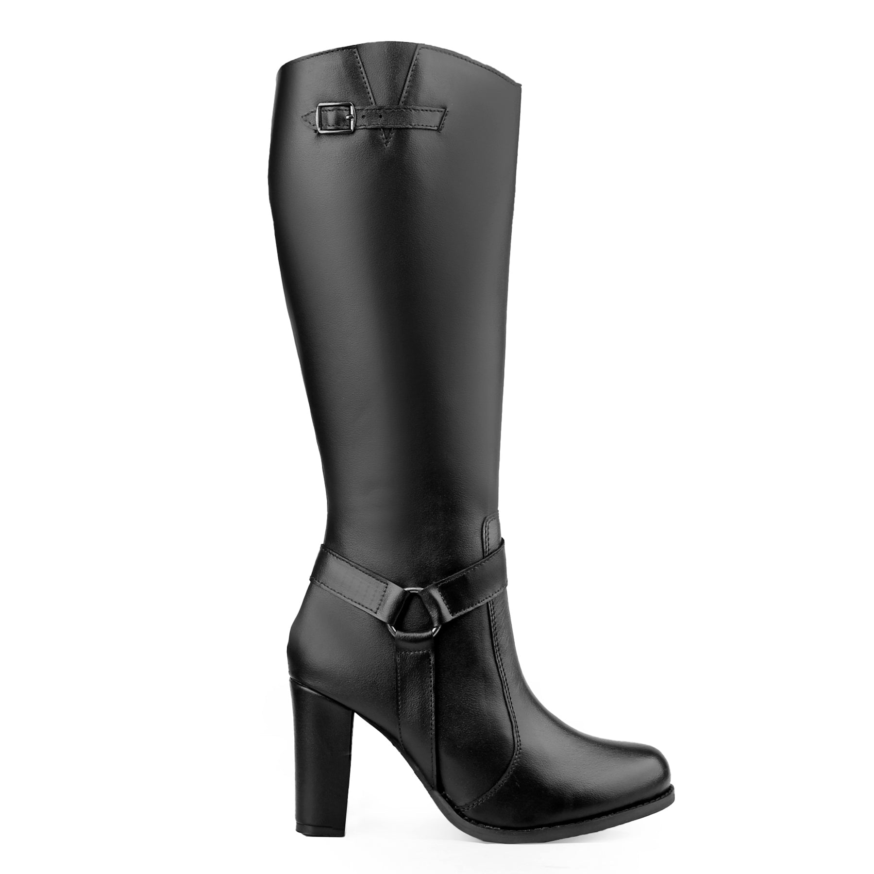 A single black knee-high boot with a block heel, featuring decorative strap and buckle details on the shaft and ankle, shown against a plain white background.