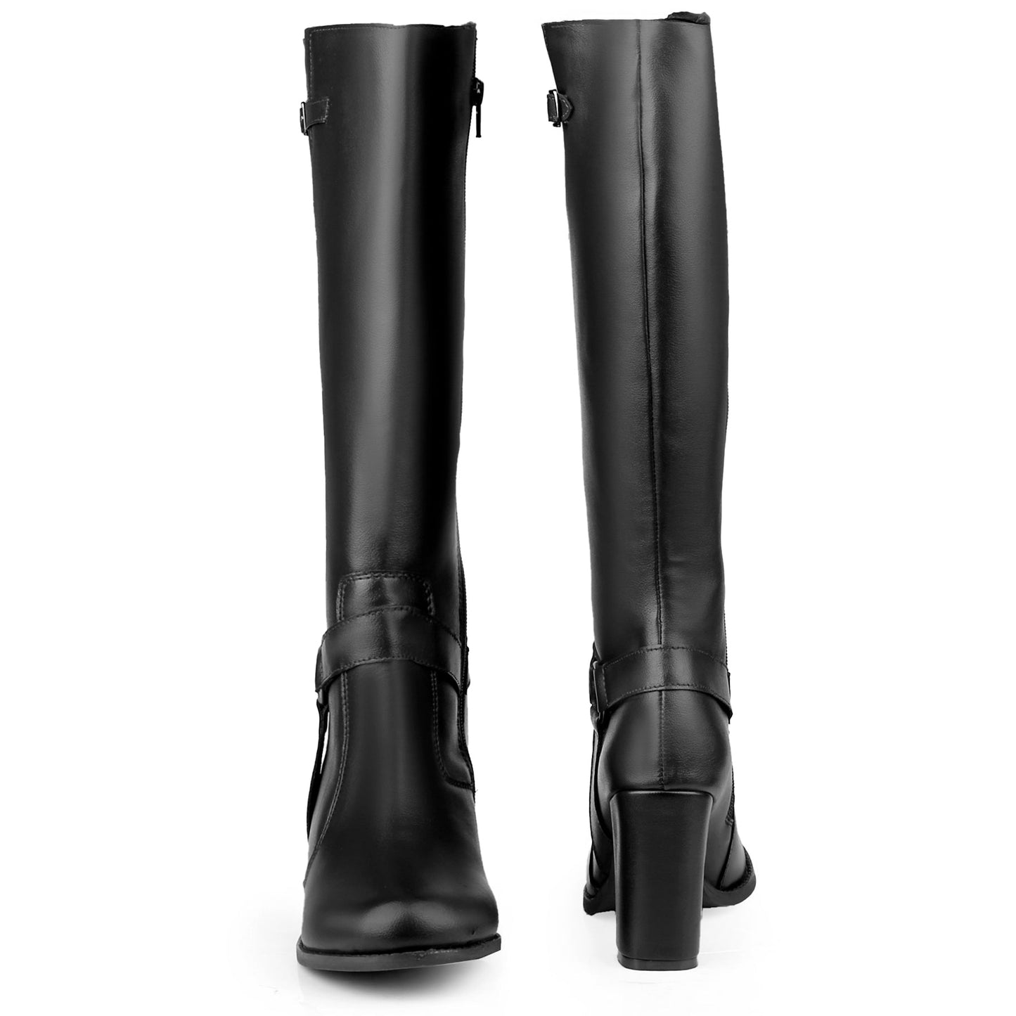 A pair of black leather knee-high boots shown from the front and side angles against a plain white background.