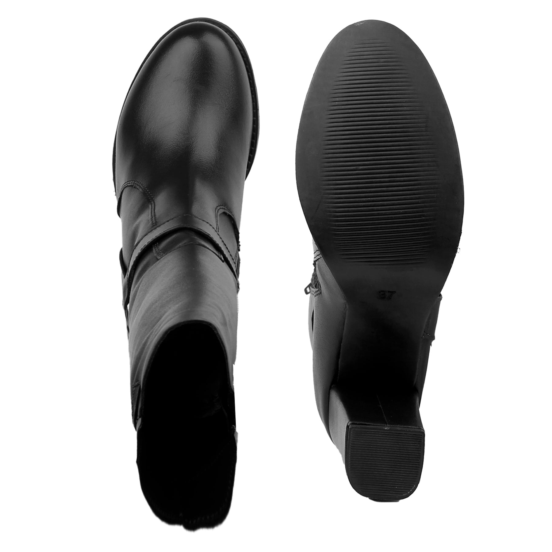 A pair of black leather ankle boots shown from the side and sole views against a plain white background.