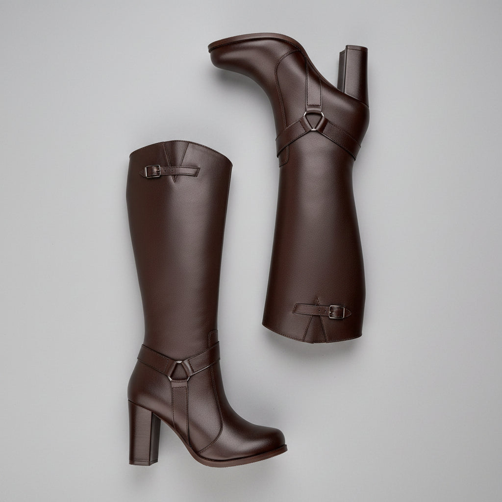 A pair of dark brown knee-high leather boots with block heels and buckle straps, displayed on a light wood grain background.