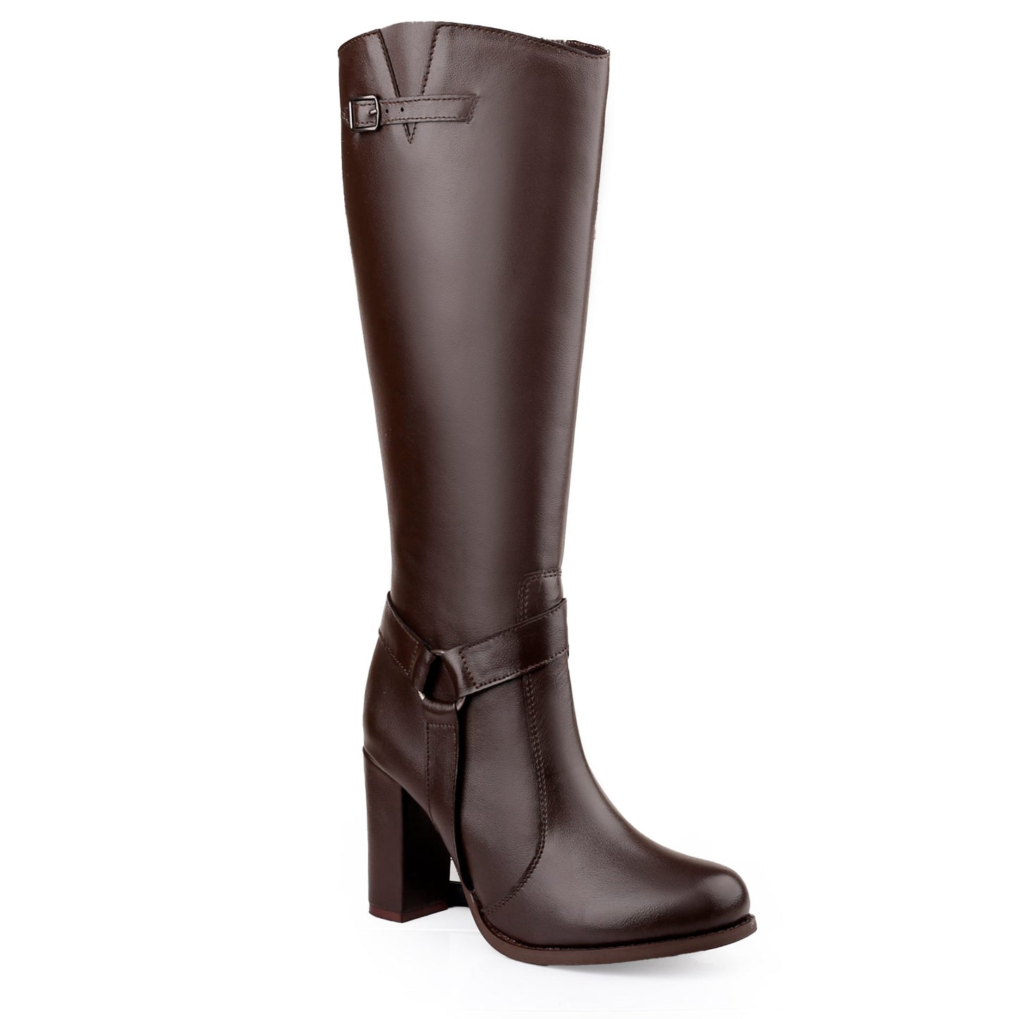A dark brown leather knee-high boot with a block heel, a decorative ankle strap with a buckle, and a small strap detail near the top shaft, shown against a plain white background.