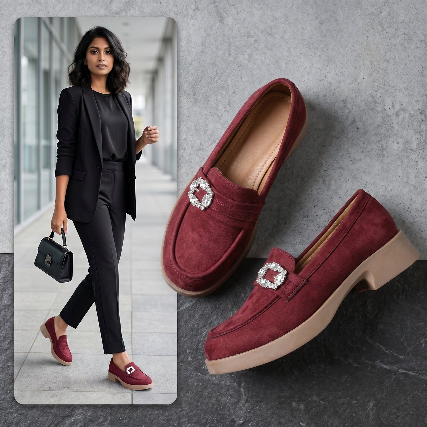 Red loafers with a decorative buckle on a gray surface, next to a woman in a black outfit walking.
