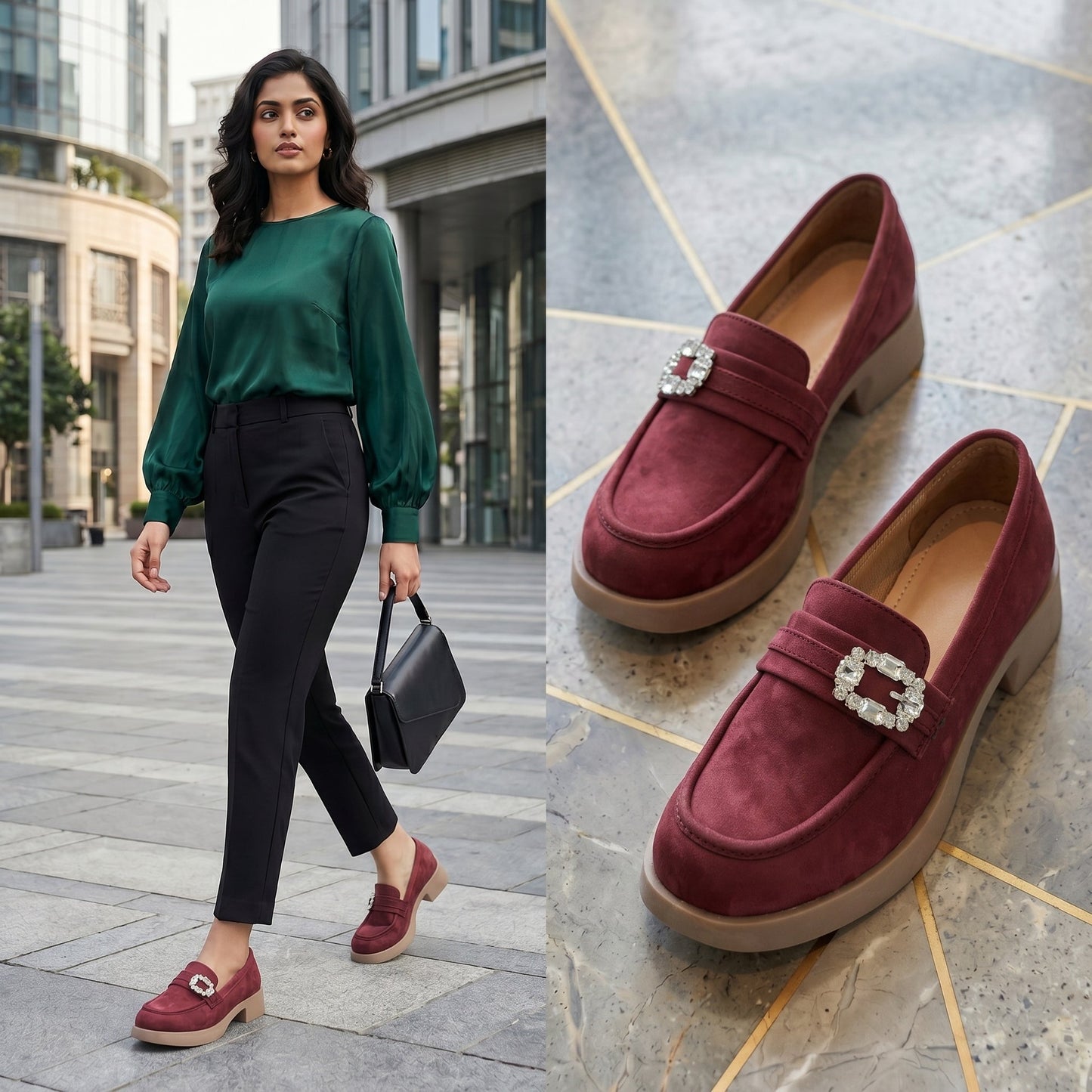 Woman wearing green blouse and black pants with burgundy loafers on a city street, followed by close-up of the loafers.