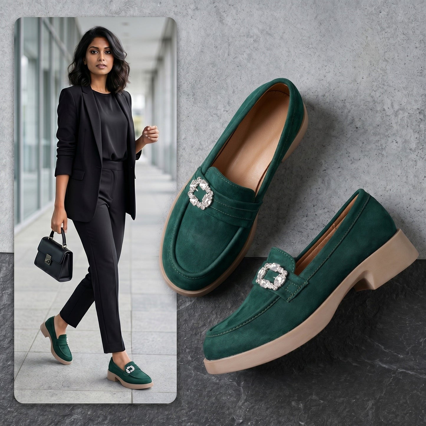 Green loafers with decorative buckles on a gray surface, next to a woman in a black outfit walking.