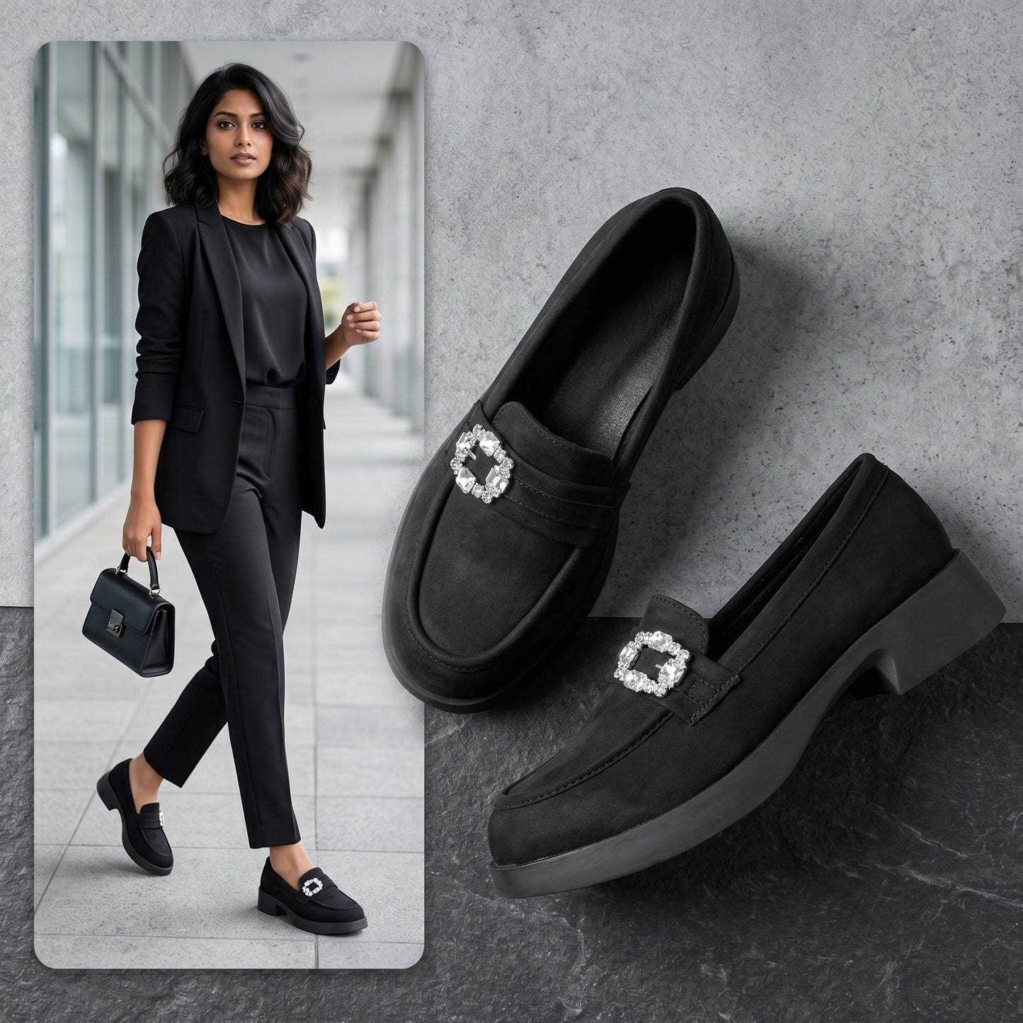 Black loafers with decorative buckles on a gray surface, next to a woman in a black outfit walking.