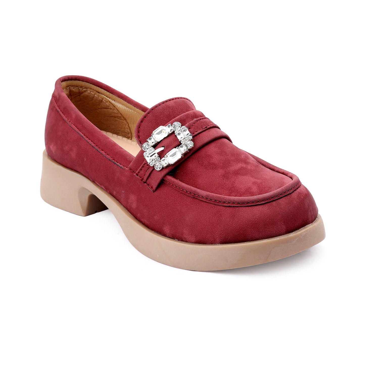 Red loafer shoe with a decorative buckle on a white background
