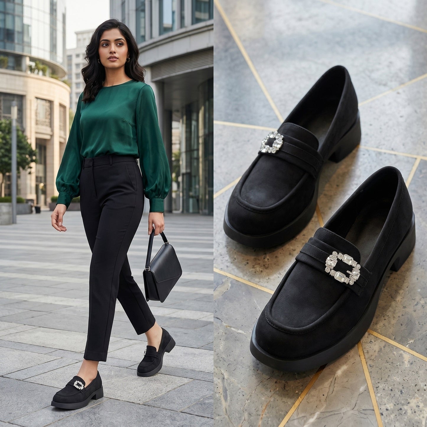 Woman in green top and black pants with black loafers featuring a decorative buckle, on a city street.
