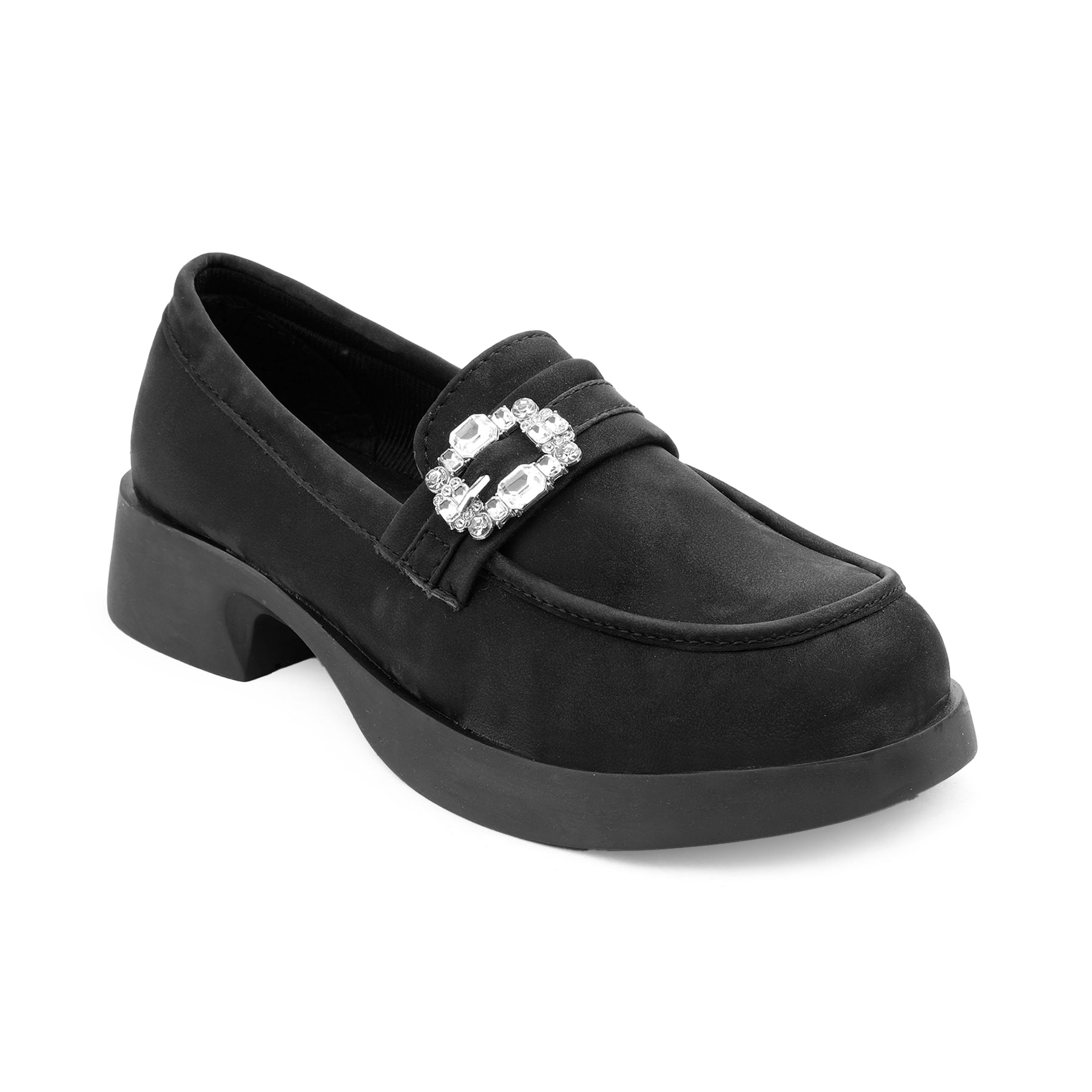 Black loafer shoe with a decorative buckle on a white background