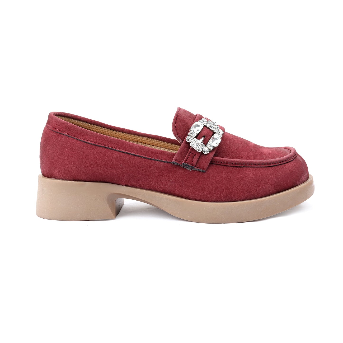 A single red suede loafer-style shoe with a beige block heel and a silver rhinestone-embellished buckle, shown from a side profile on a white background.