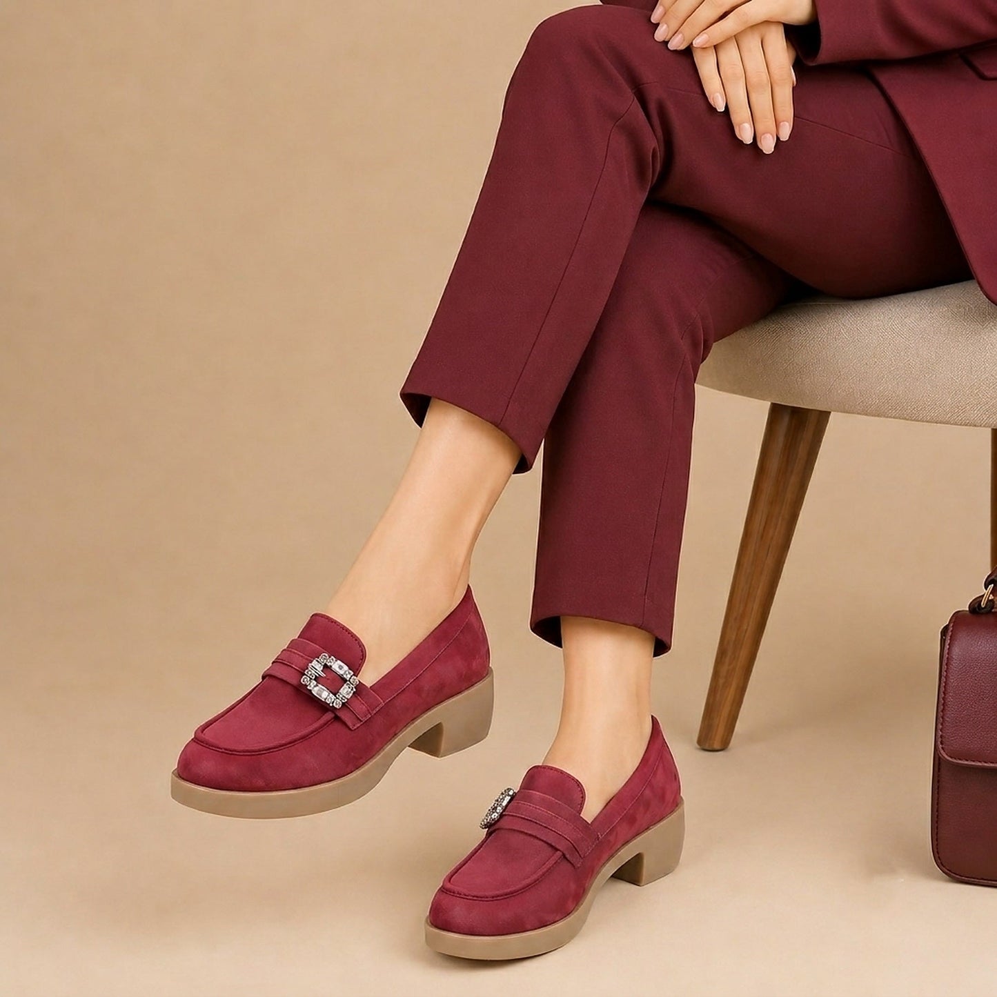 Person wearing burgundy loafers and pants sitting on a chair with a beige background