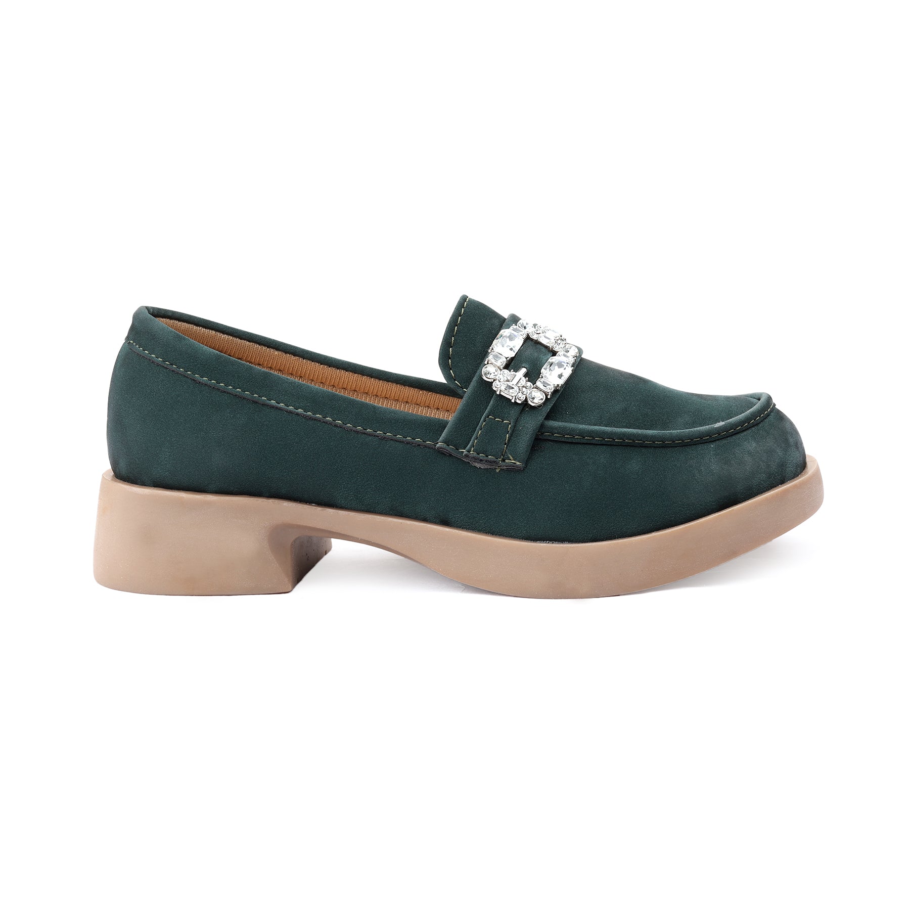 Green loafer shoe with a decorative buckle on a white background