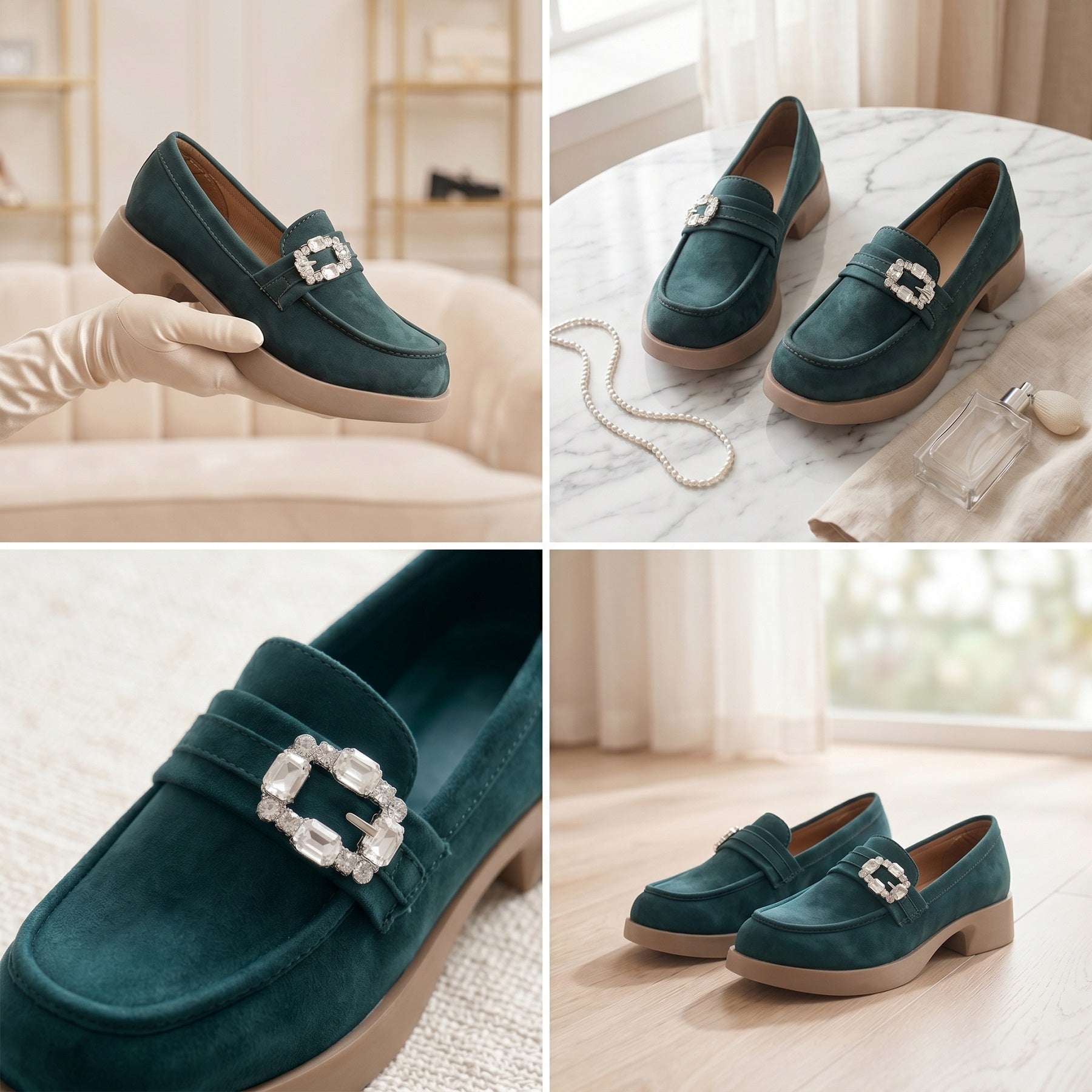 Collage of teal loafers with decorative buckles on a neutral background