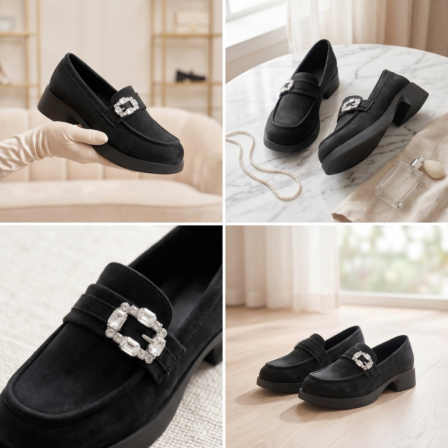 Black loafers with decorative buckles on a neutral background
