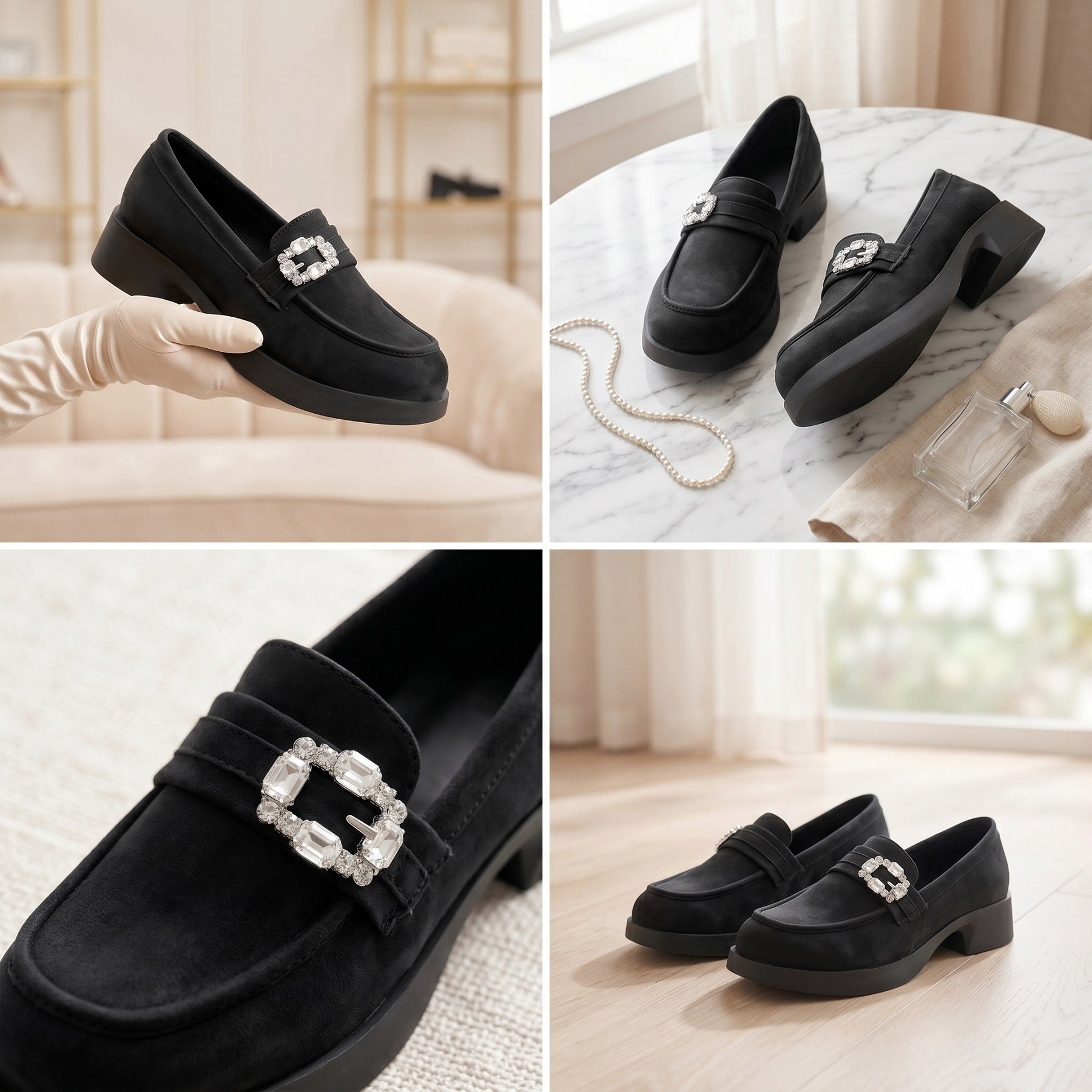 Black loafers with decorative buckles on a neutral background