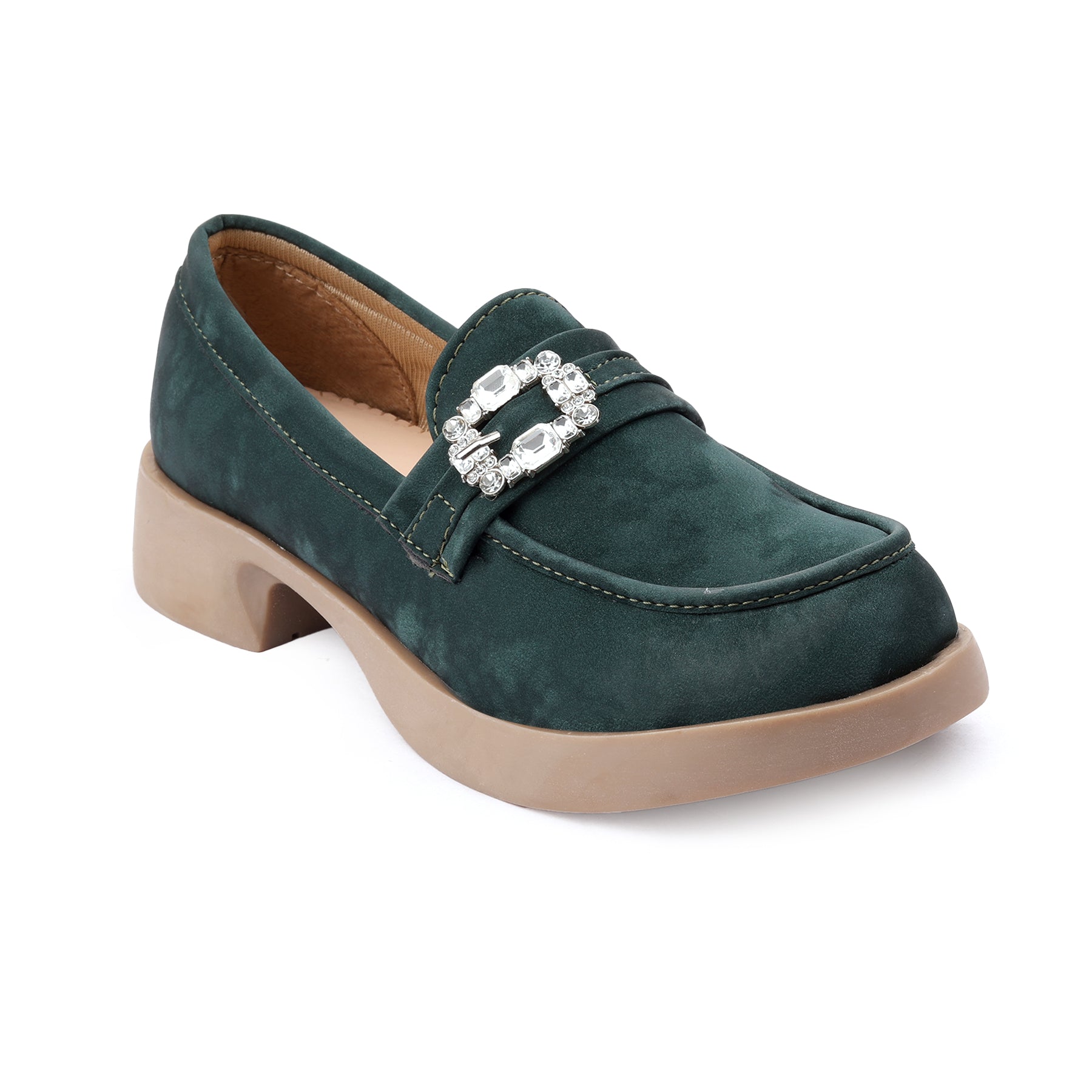 Green loafer shoe with a decorative buckle on a white background