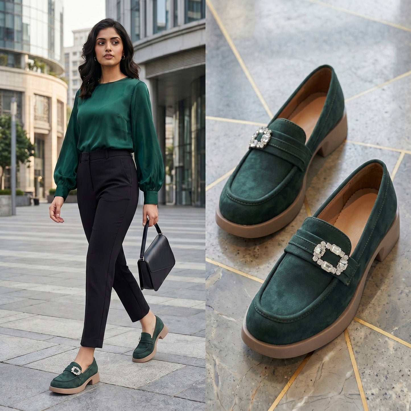 Woman wearing green loafers with a building in the background, paired with close-up of the loafers on a tiled floor.