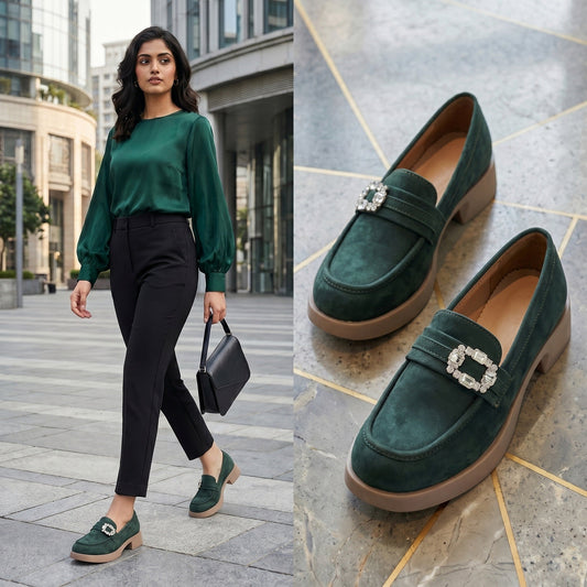 Woman wearing green loafers with a building in the background, paired with close-up of the loafers on a tiled floor.