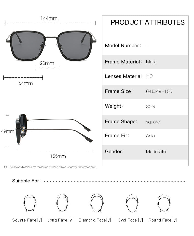 A product specification and dimensions chart for square-frame sunglasses. The layout shows front, side, and back views of the sunglasses with labeled measurements (144mm, 22mm, 64mm, 49mm, 155mm), a product attributes panel with material and fit details, and five face shape icons indicating suitability.