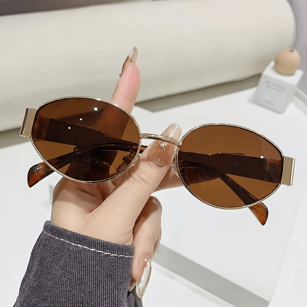Rocco Bellano Gold Oval Sunglasses with Brown Lenses for Men & Women
