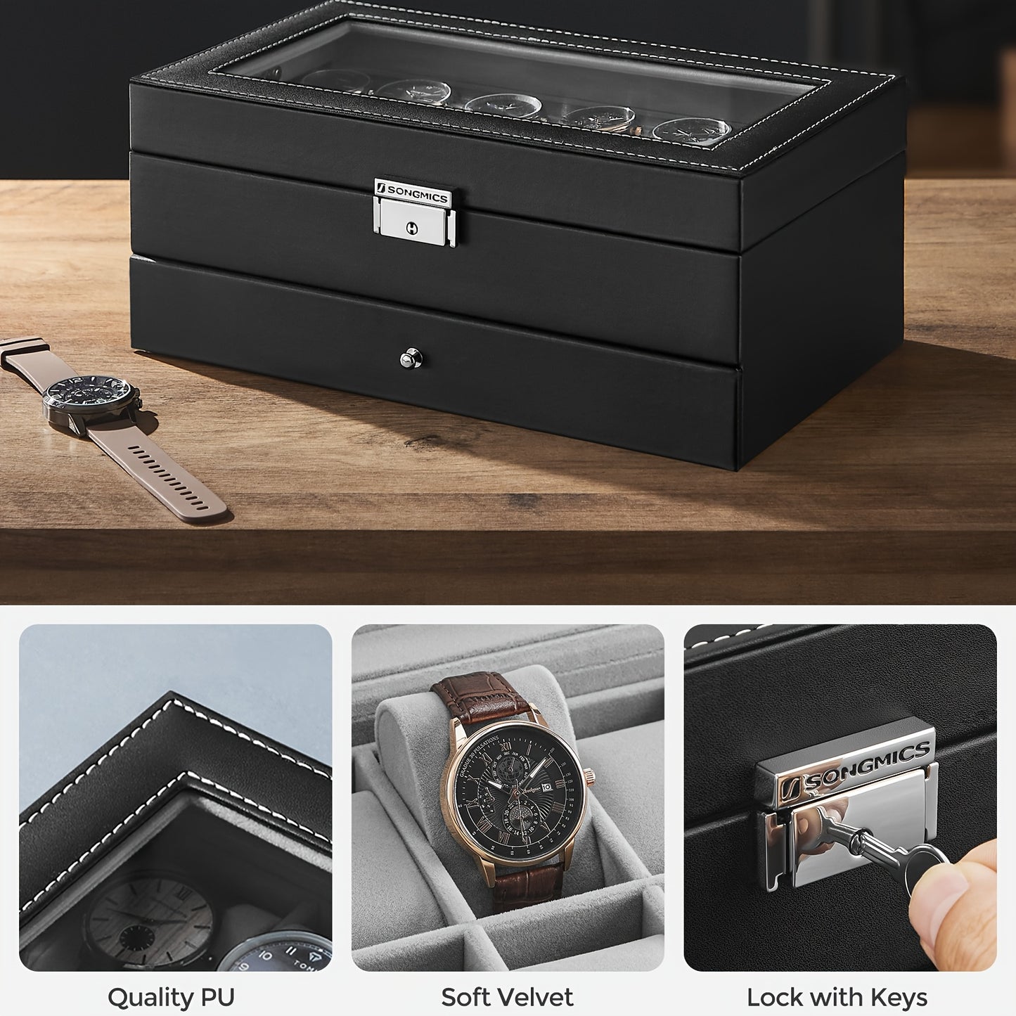 Rocco Bellano 12-Slot Watch Box | Lockable Jewelry & Watch Case