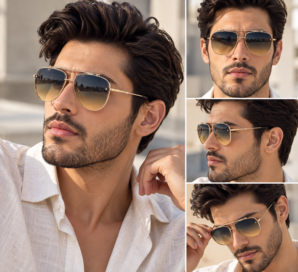 A collage of four close-up portraits of a man wearing aviator sunglasses. The main large panel on the left shows him in profile wearing gold-tone aviators with gradient amber lenses, while the three smaller panels on the right show alternate close-up angles of the same sunglasses on a light stone background.