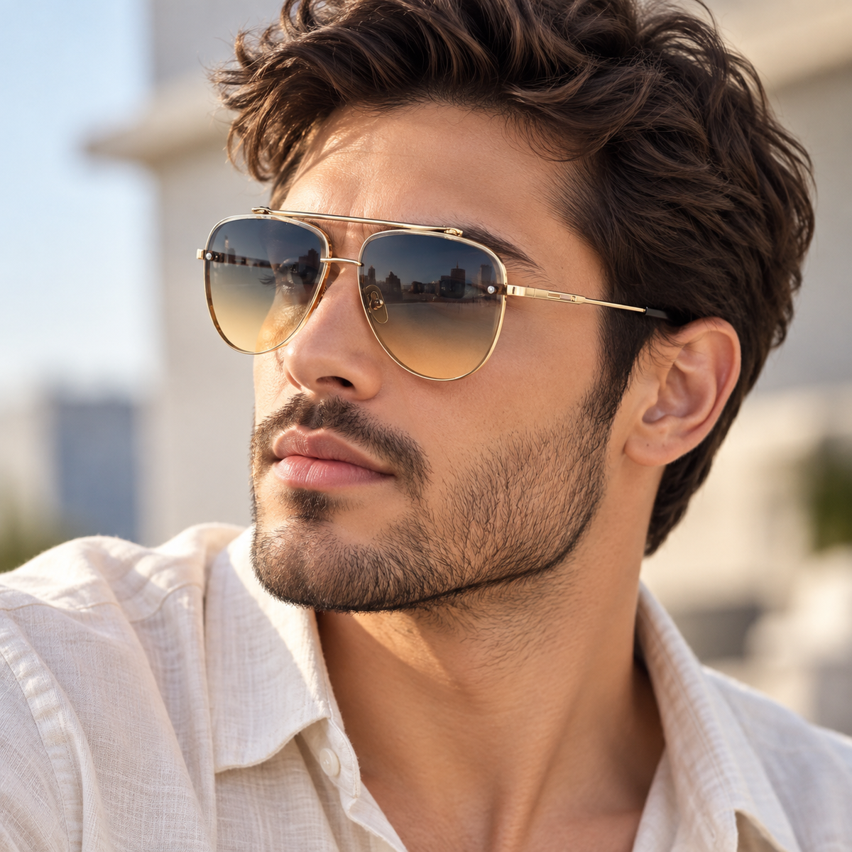 A close-up of a man wearing gold-framed aviator sunglasses with gradient lenses, set against a softly blurred outdoor background.