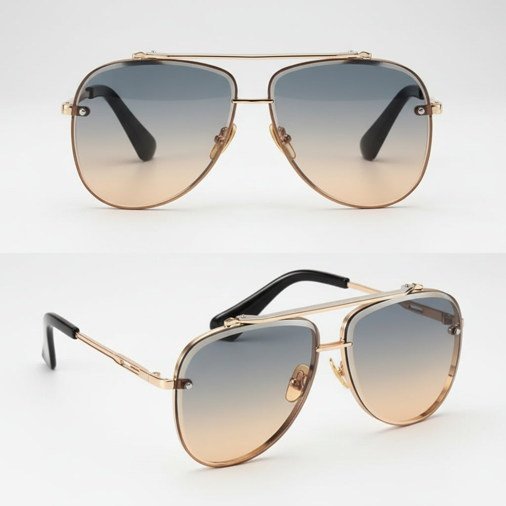 Two views of double-bridge aviator sunglasses with gold-tone metal frames, gradient brown-to-blue lenses, and black temple tips, shown on a plain white background.