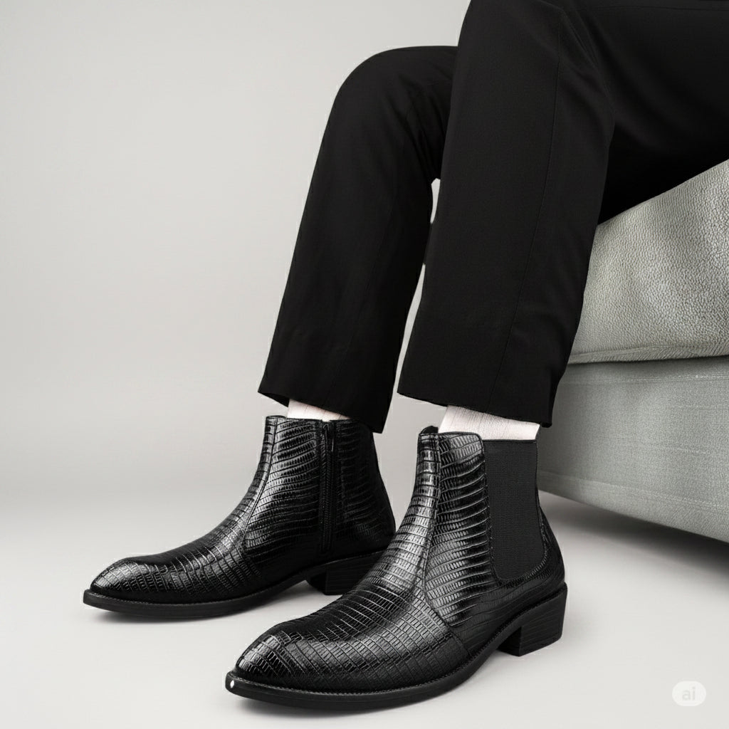 Person wearing black textured ankle boots in a modern indoor setting.