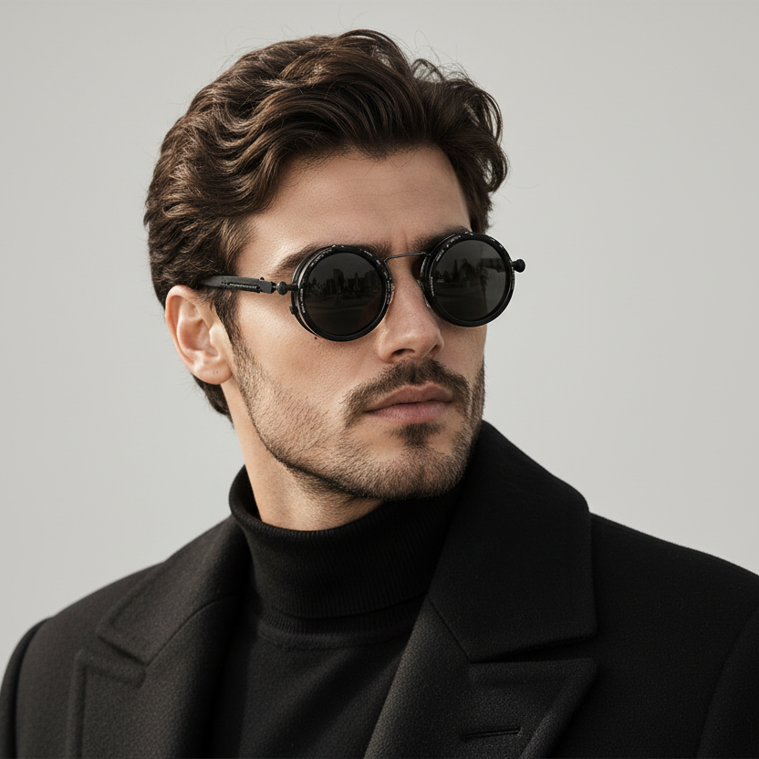 A man wearing Rocco Bellano round black sunglasses, a black turtleneck, and a dark coat, set against a blurred urban background with brand text on the left.