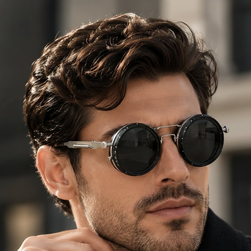 A man wearing Rocco Bellano round sunglasses with dark lenses and silver-toned metal frames, styled with a black turtleneck and dark coat. The brand logo 'ROCCO BELLANO' is visible on the left side of the image.