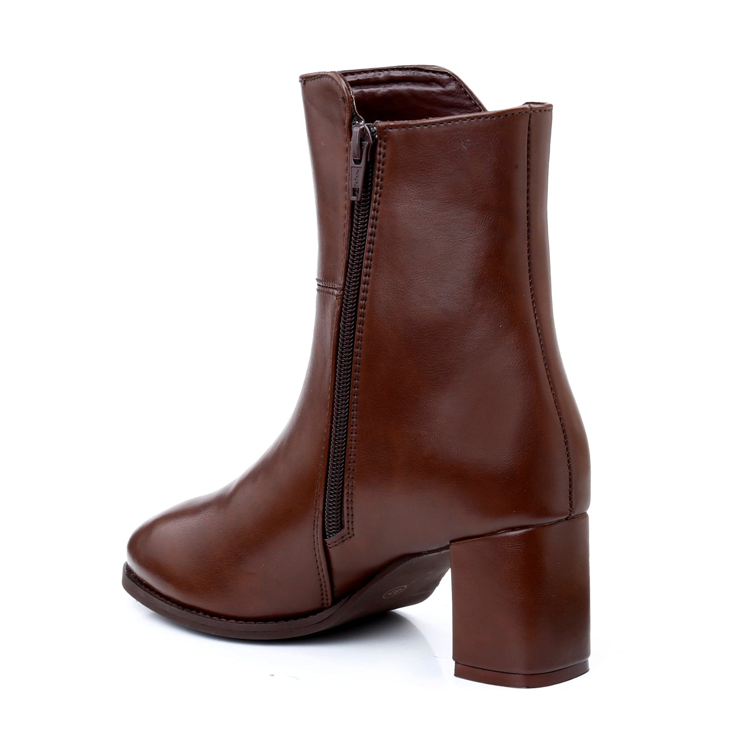 A brown leather ankle boot with a side zipper, shown from a three-quarter rear angle against a white background.