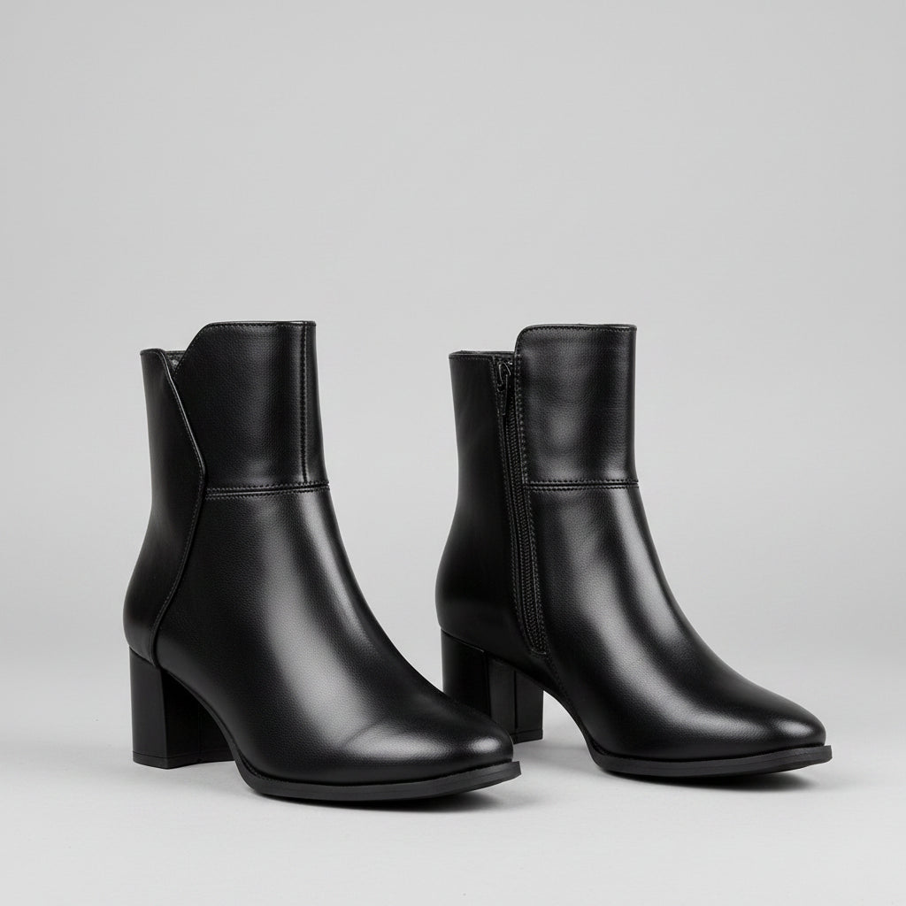 A pair of black leather ankle boots with block heels, displayed on a rustic wooden surface against a textured beige wall. One boot stands upright on a small wooden box, and the other is angled to show its side zipper and front profile.