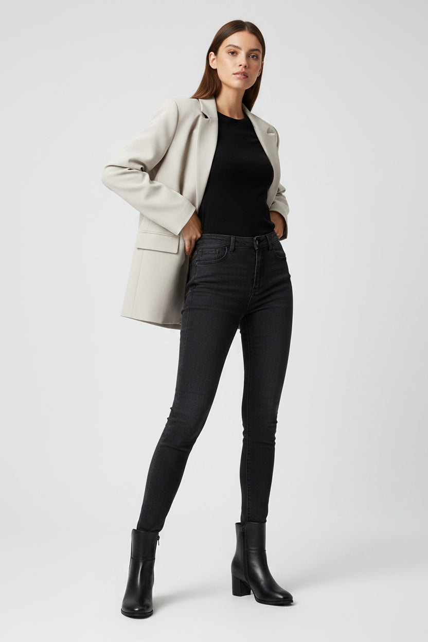 A pair of black leather ankle boots with a block heel and side zipper, shown on a plain white background.