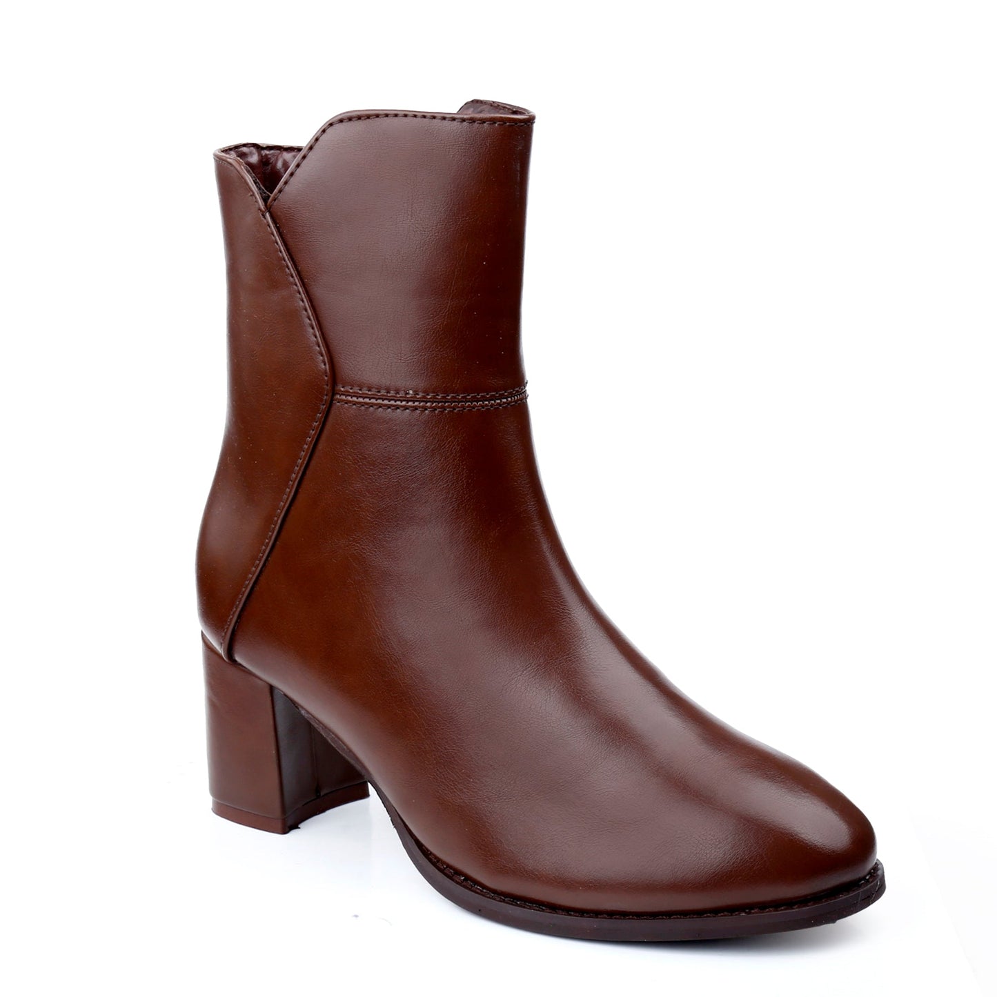 A single brown leather ankle boot with a block heel, shown from a three-quarters angle on a white background.