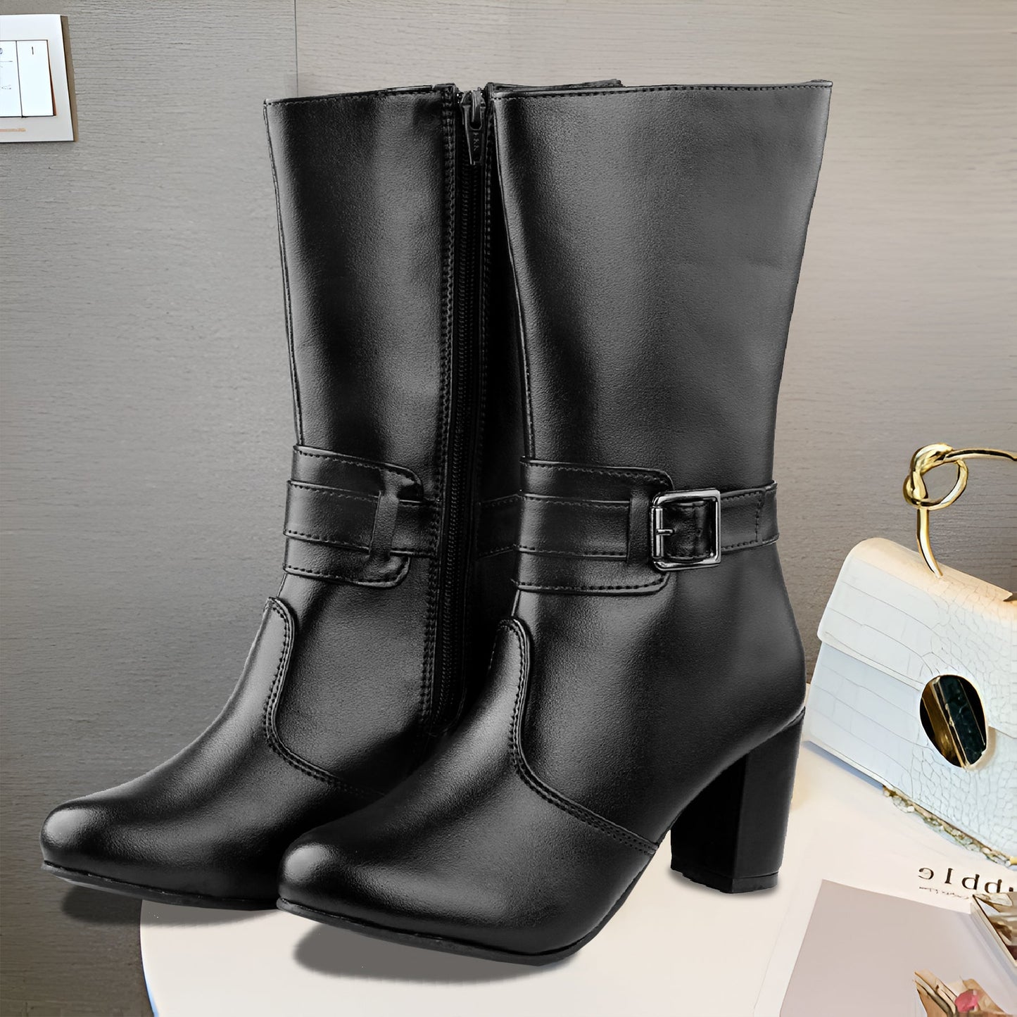 Rocco Bellano Women’s Buckle Long Boots | Premium Block Heel Knee-High Boots